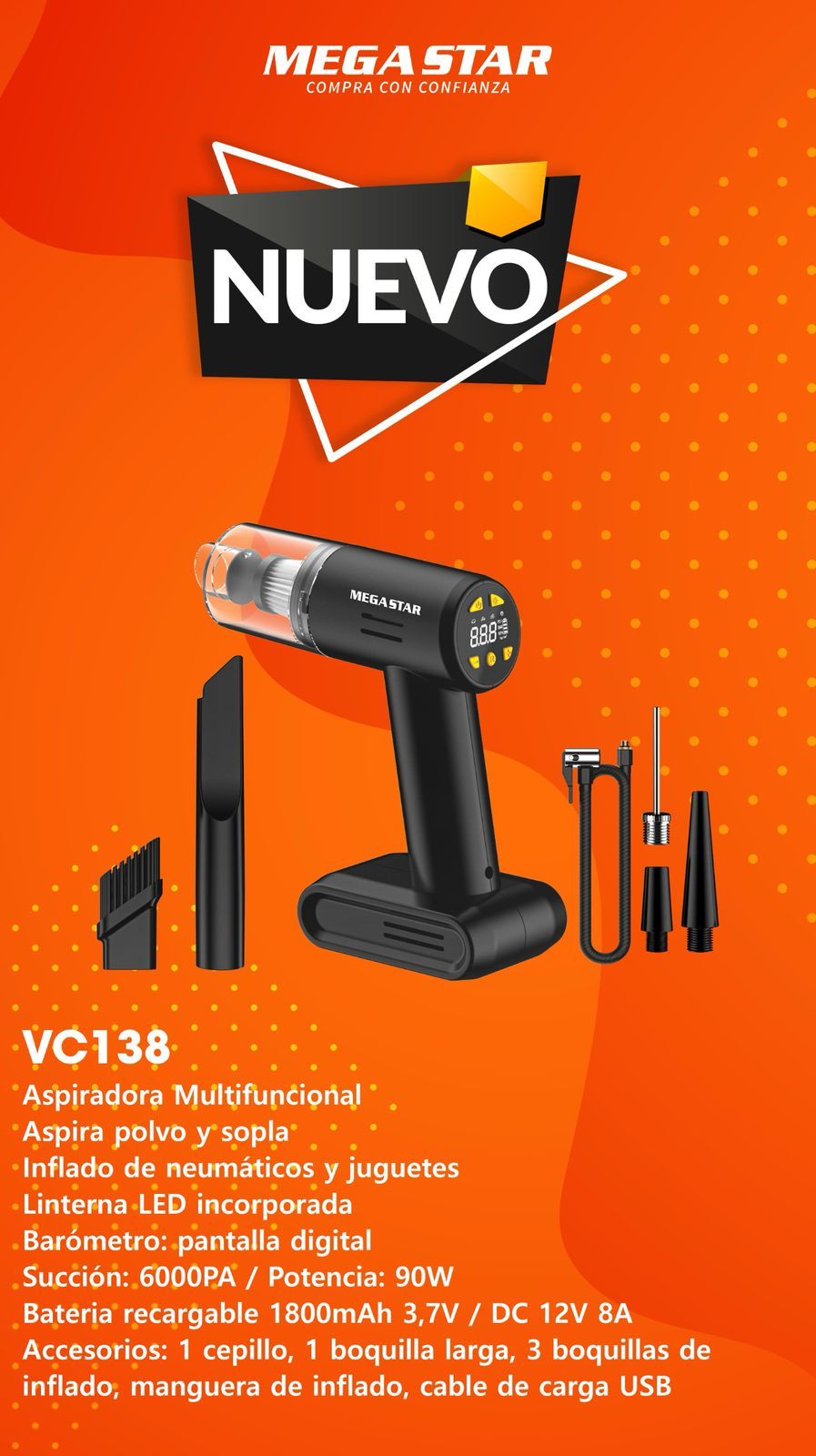 ASPIRADORA Y COMPRESOR PORTÁTIL MULTIFUNSIÓN MEGA STAR - VC138
